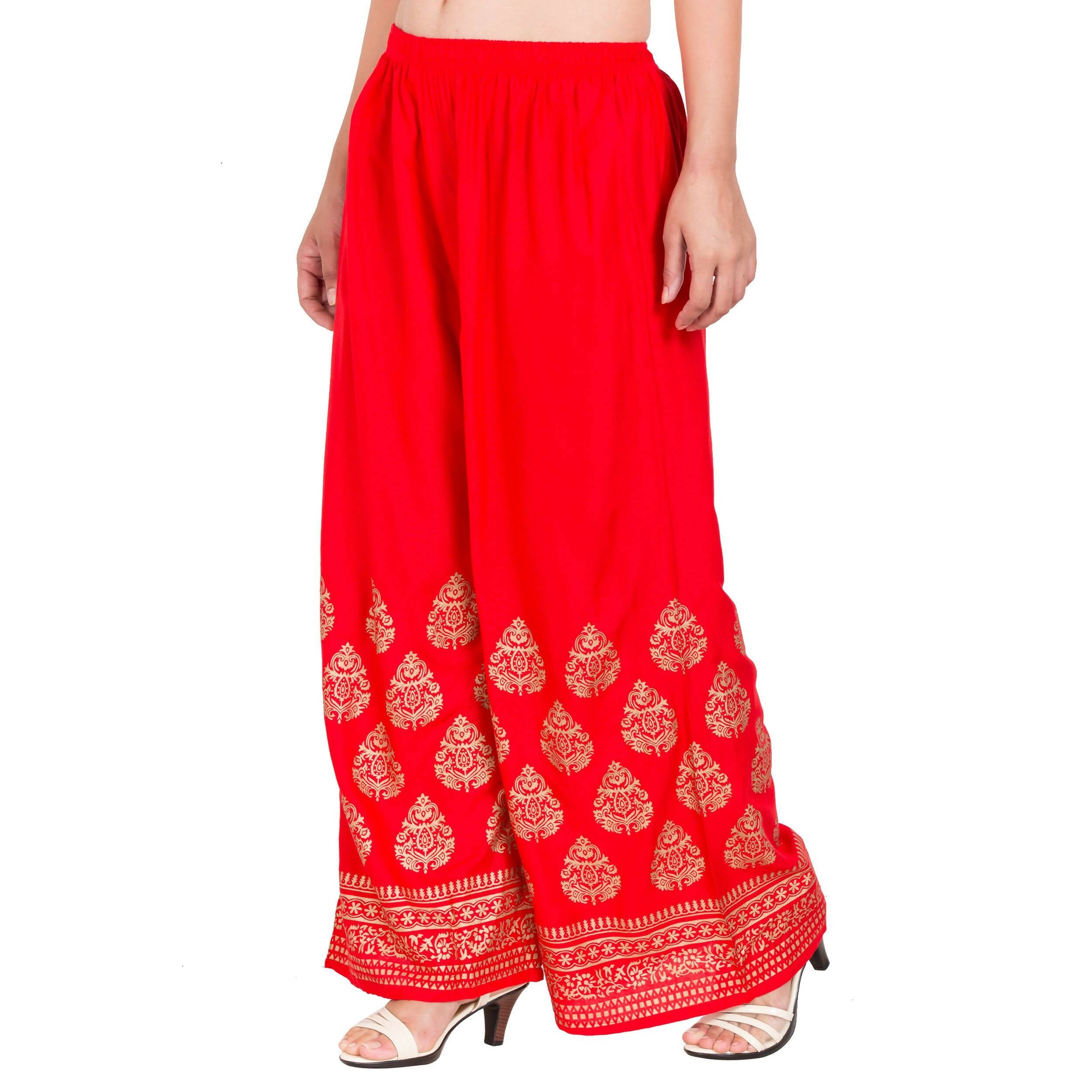PAVONINE Red Color Golden Printed Rayon Fabric Sharara For Women & Girls