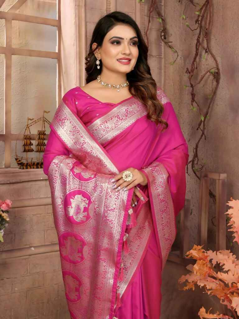 Anaita Dark Pink Banarasi Silk With Beautiful Gala Weaving Saree With Blouse