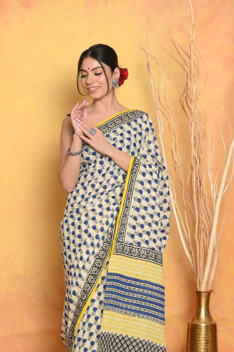 Very Much Indian Handblock Printed Cotton Saree With Natural Dyes - White