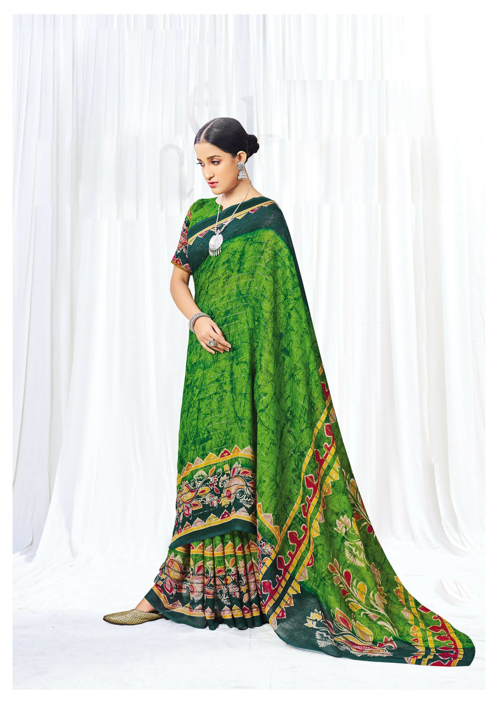 Light Green Chanderi Cotton Floral Printed Saree With Unstitched Blouse Piece - Kathika