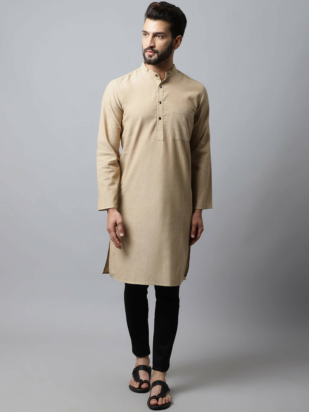 Even Apparels Beige Color Pure Cotton Men's Kurta With Band Collar (SLD1196)