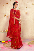 Red Georgette Bandhni Printed Saree With Unstitched Blouse Piece - Shanaya