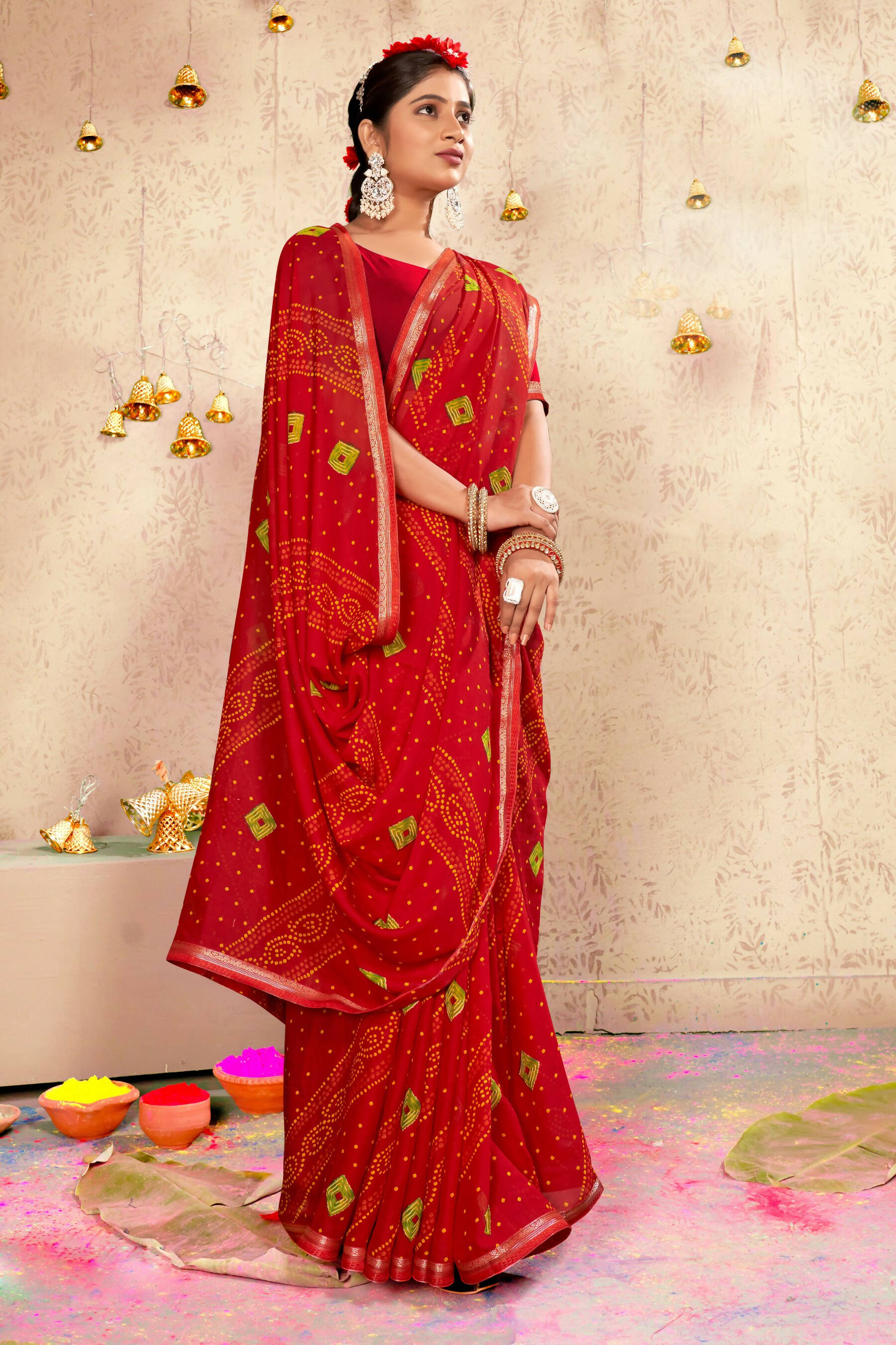 Red Georgette Bandhni Printed Saree With Unstitched Blouse Piece - Shanaya