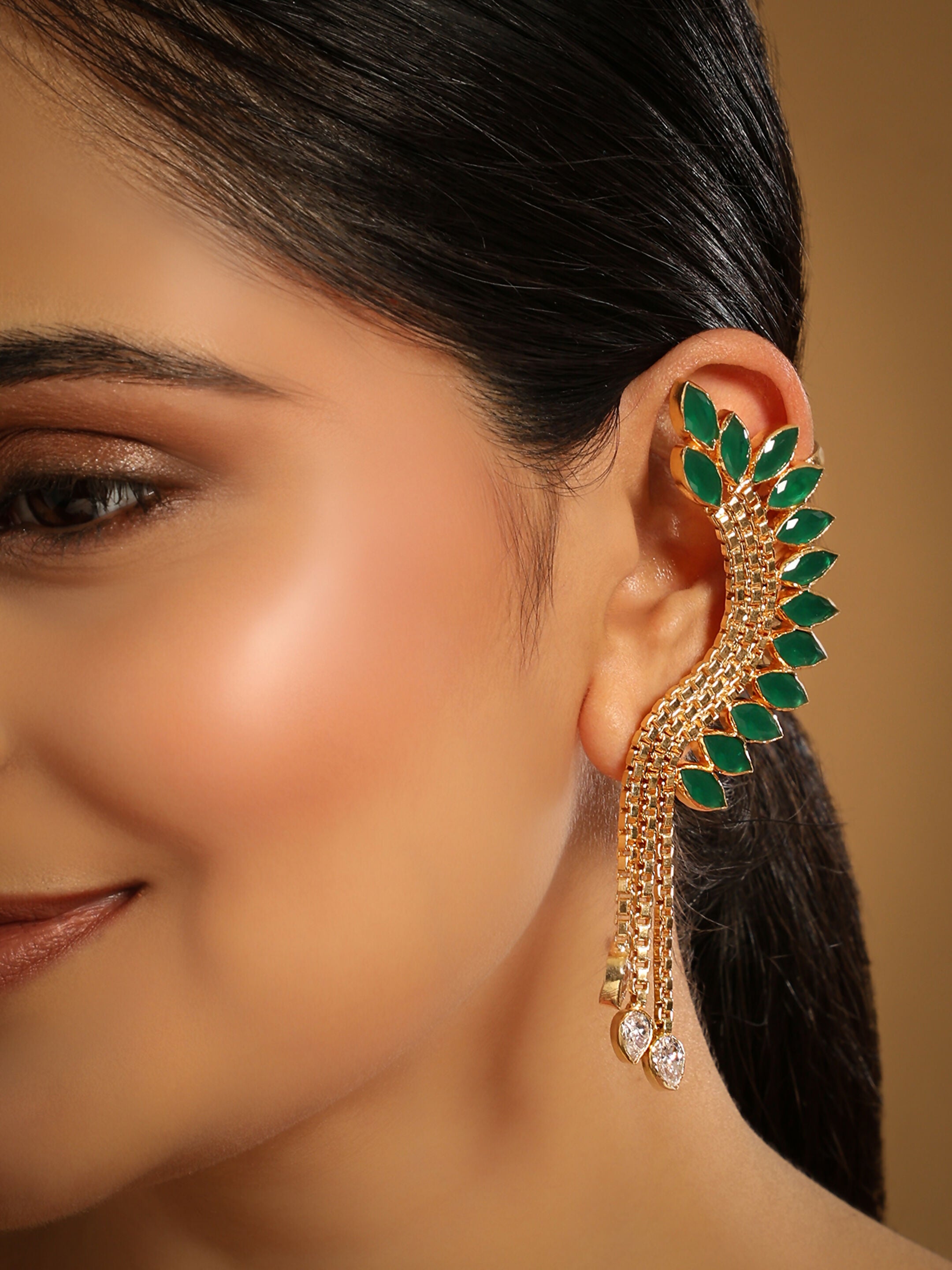 Nuyug 22K Gold Plated Faux Emerald Studded Contemporary Ear Cuff Earrings