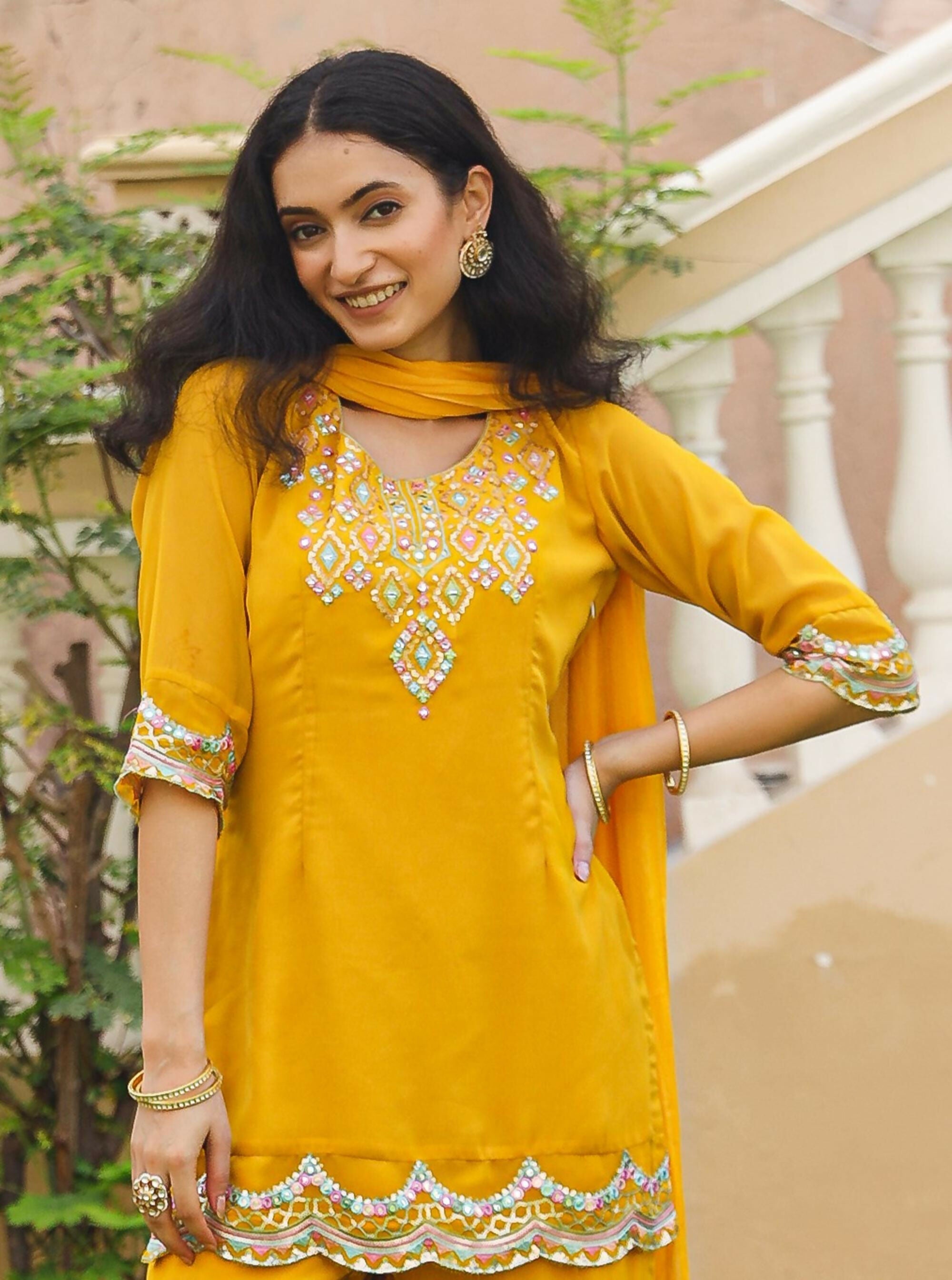 Juniper Women's Mustard Thread Embroidered Georgette Kurta Sharara And Dupatta Set With Sequins & Mirror Work