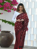 Beatitude Maroon Khadi Floral Embroidered Saree