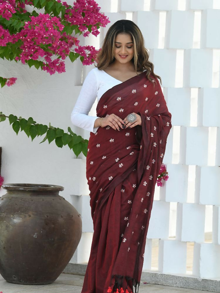 Beatitude Maroon Khadi Floral Embroidered Saree