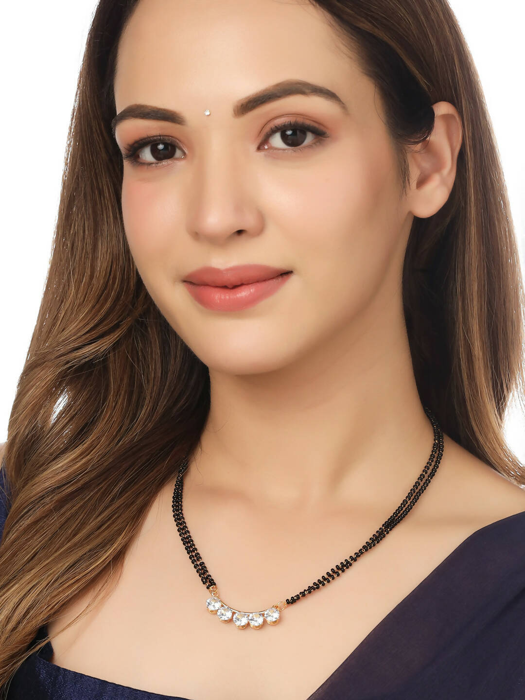 NVR Women Ethnic Gold-Polished Beaded Mangalsutra With Ad Stone