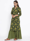Miravan Women's Green & Yellow Floral Printed Pure Cotton Kurta With Sharara