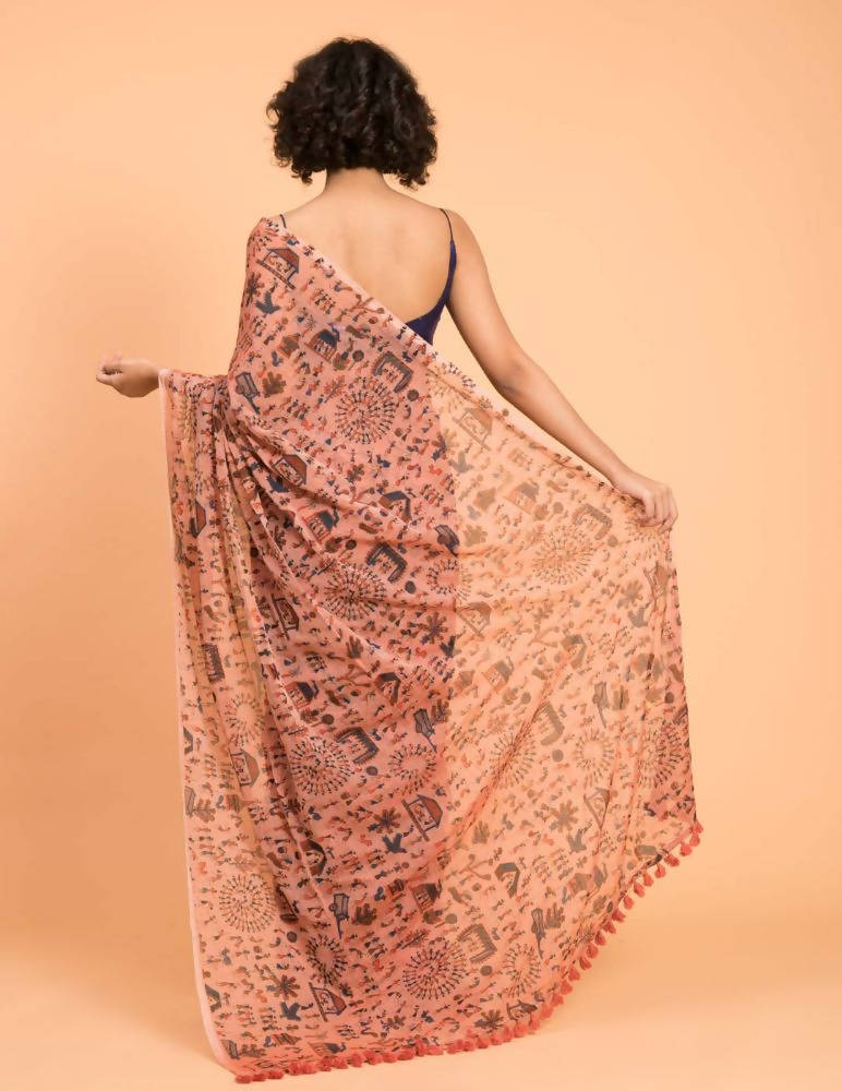 Suta Peach Blue Warli Printed Pure Cotton Saree