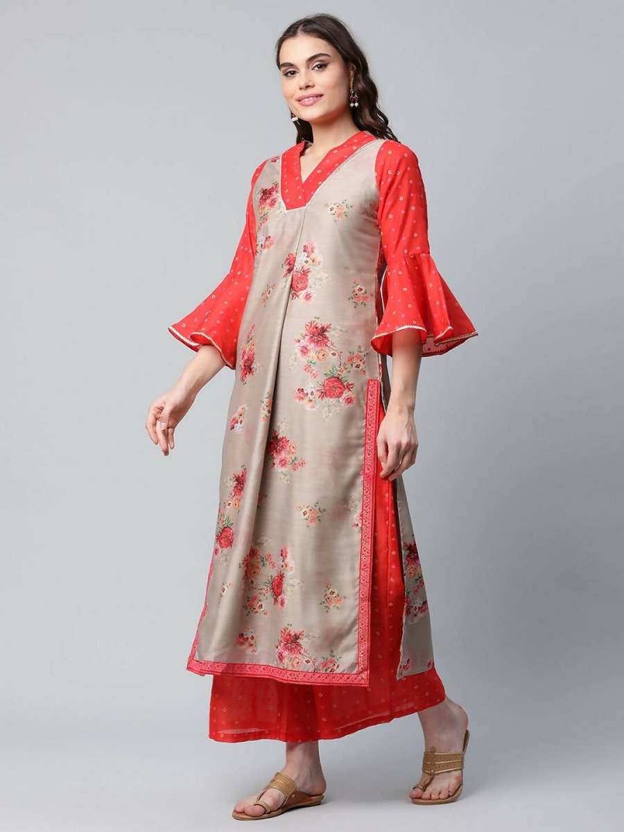 Ahalyaa Womens Chiku Chanderi Printed Kurta Palazzo Set