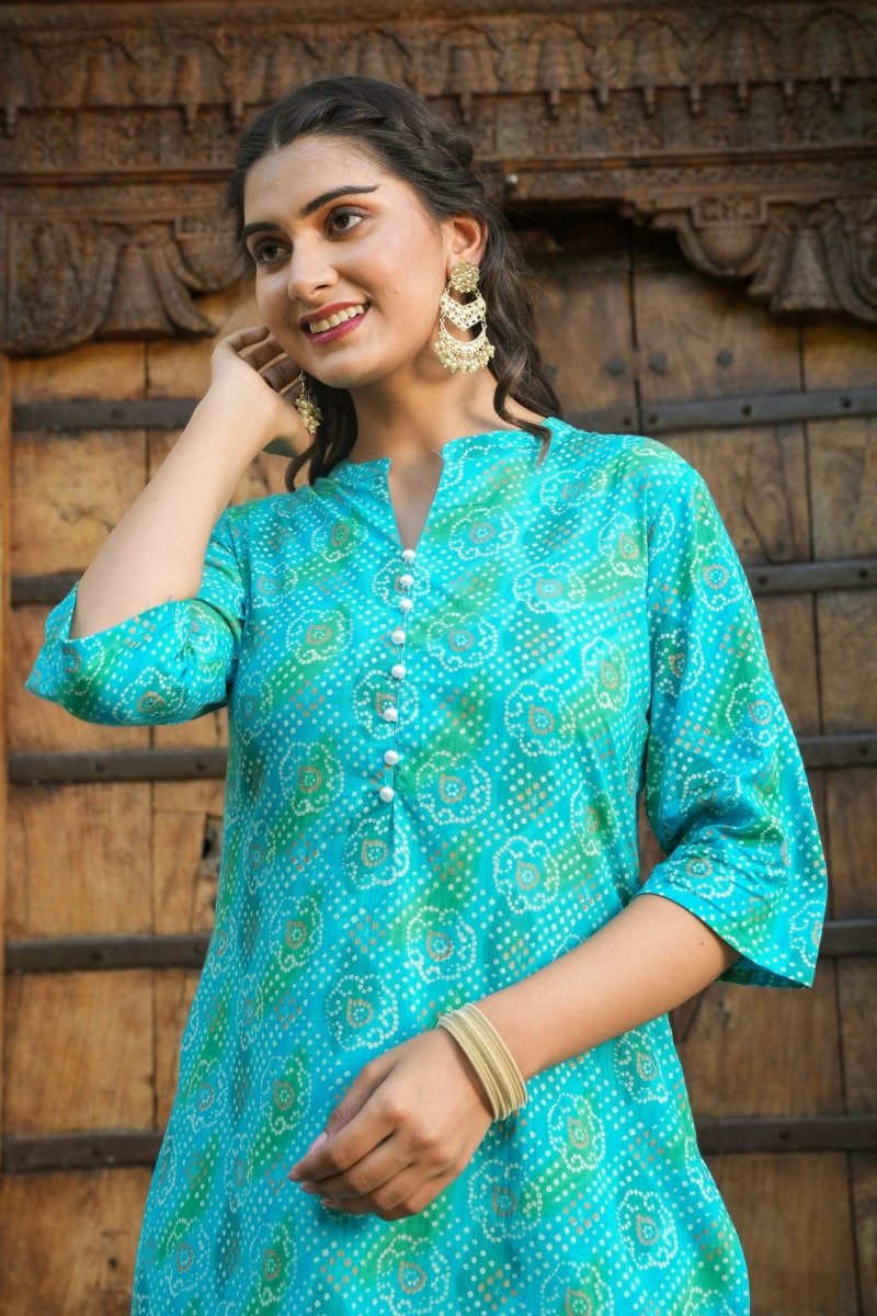 Aramya Straight Soft Cotton Bandhani Print Women's Kurta - Blue