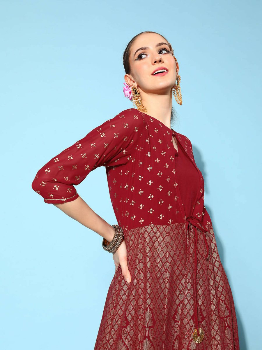 Ahalyaa Women Beautiful Maroon Crepe Brocade Ethnic Dress