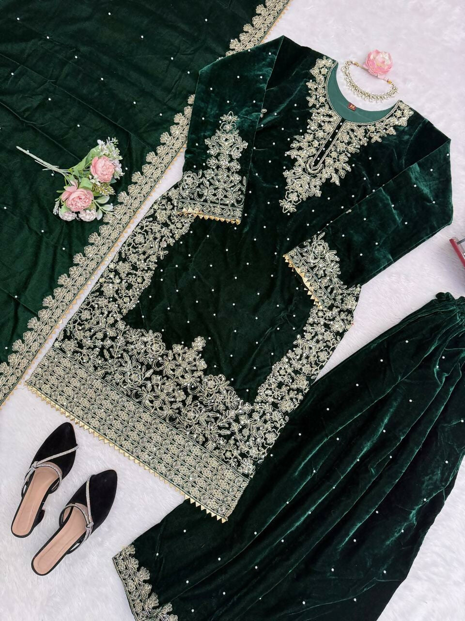 Vastranavya Green Viscose Velvet Cording Sequence With Moti Work Top-Bottom With Dupatta