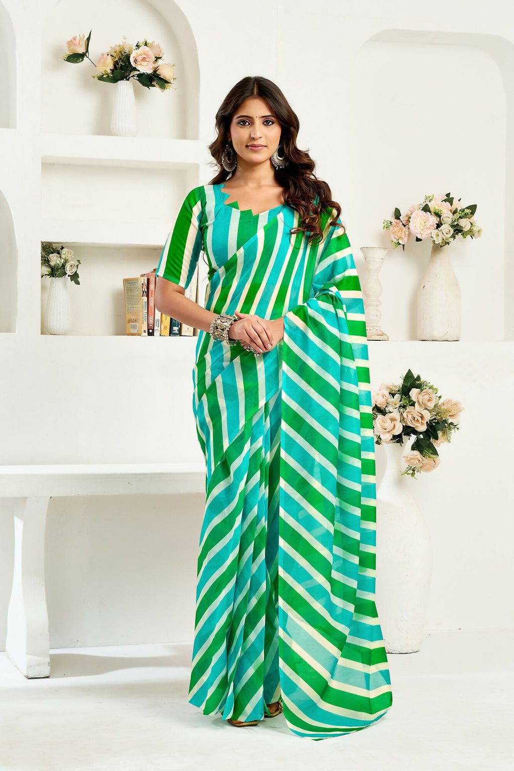 Vastranavya Green Digital Printed Linen Ready To Wear Designer Saree with Unstitched Blouse