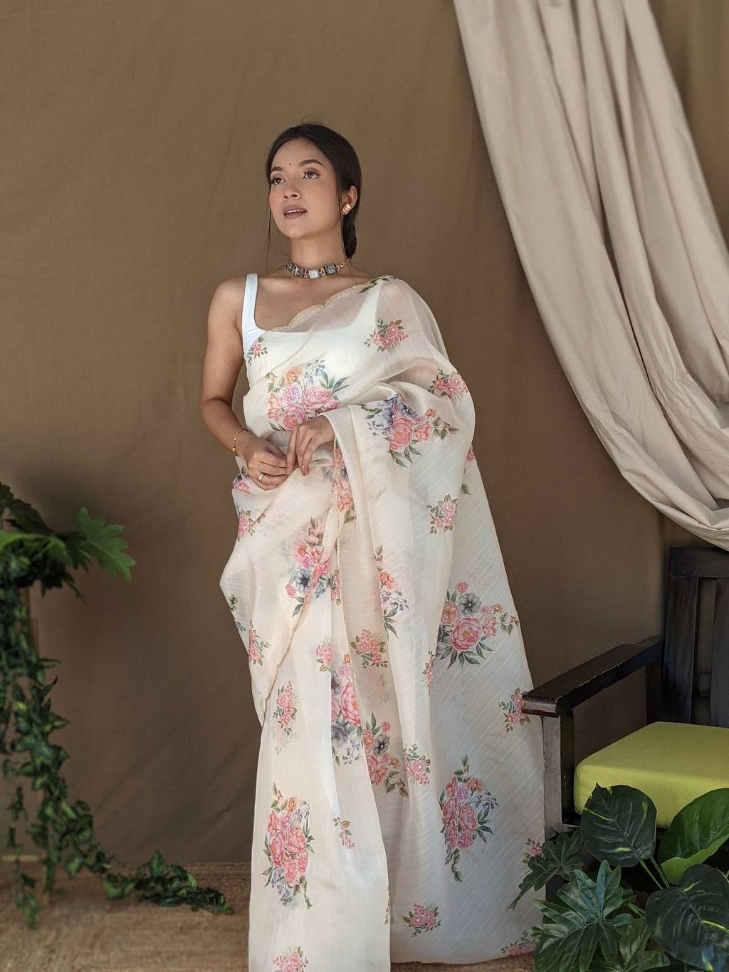Vamsee Khadi Khatali Cream Khadi Organza Saree