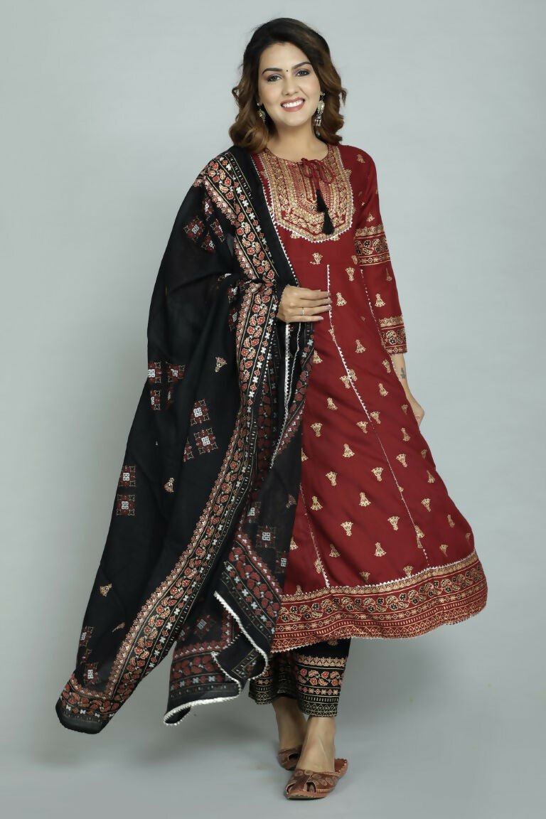 Alvano Women's Stylish Anarkali Kurti with Pant and Dupatta for Women and Girls (Maroon)