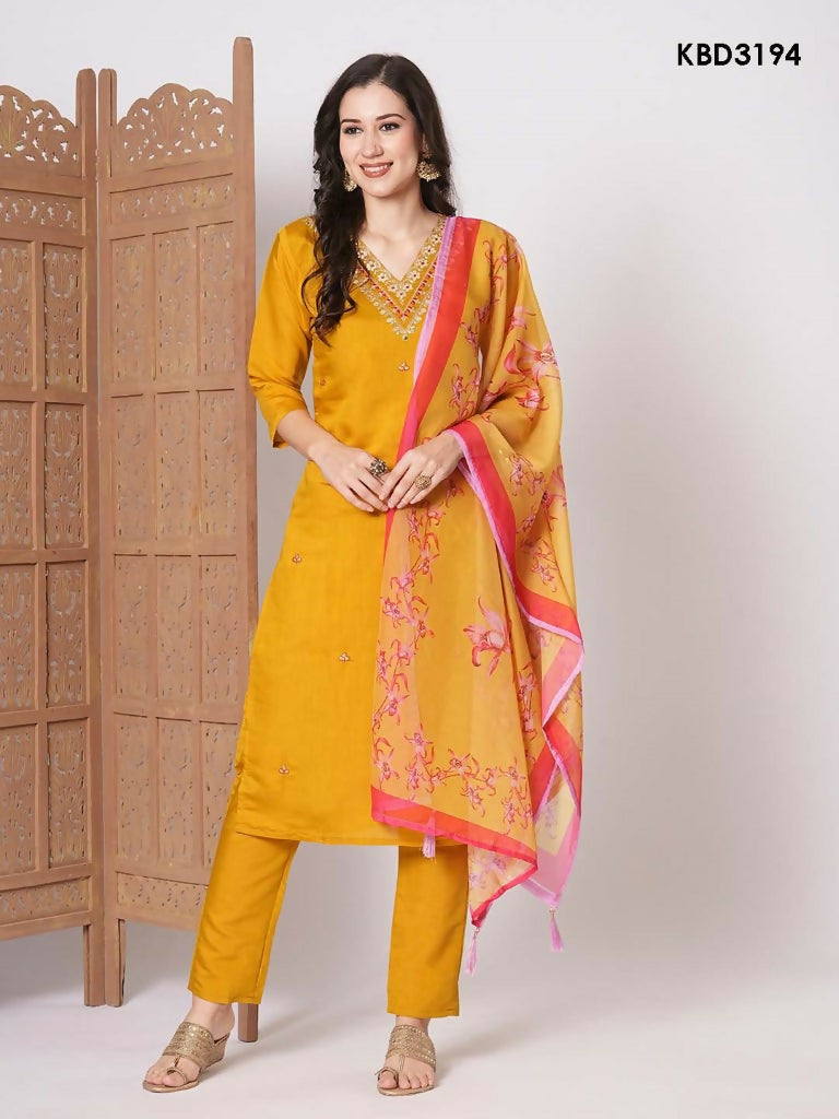 Mustard Viscose Chanderi Embroidery Work, Printed Kurta Set - Riya