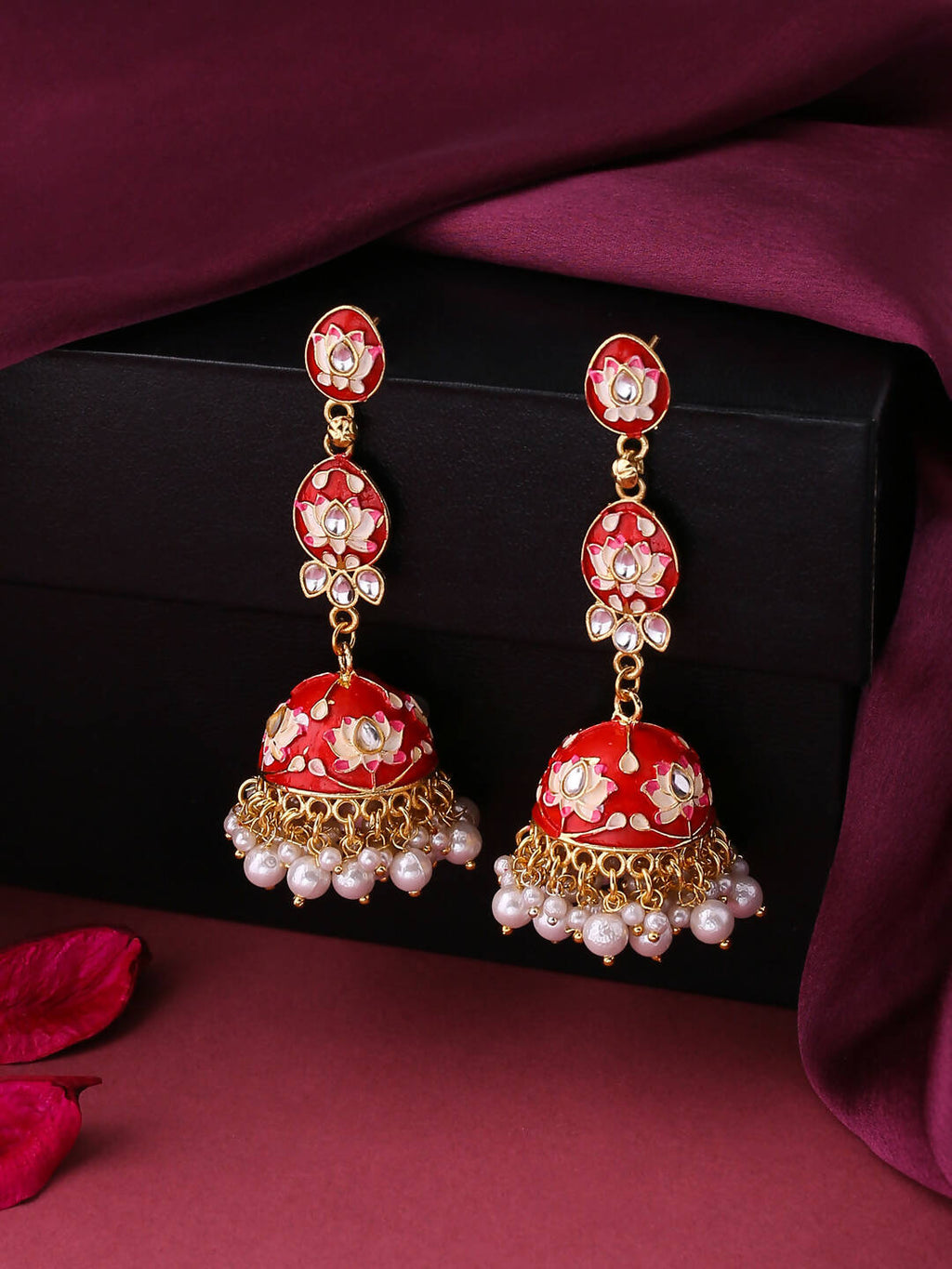 NVR Women Gold-Polished Red Kundan Jhumkas Earrings