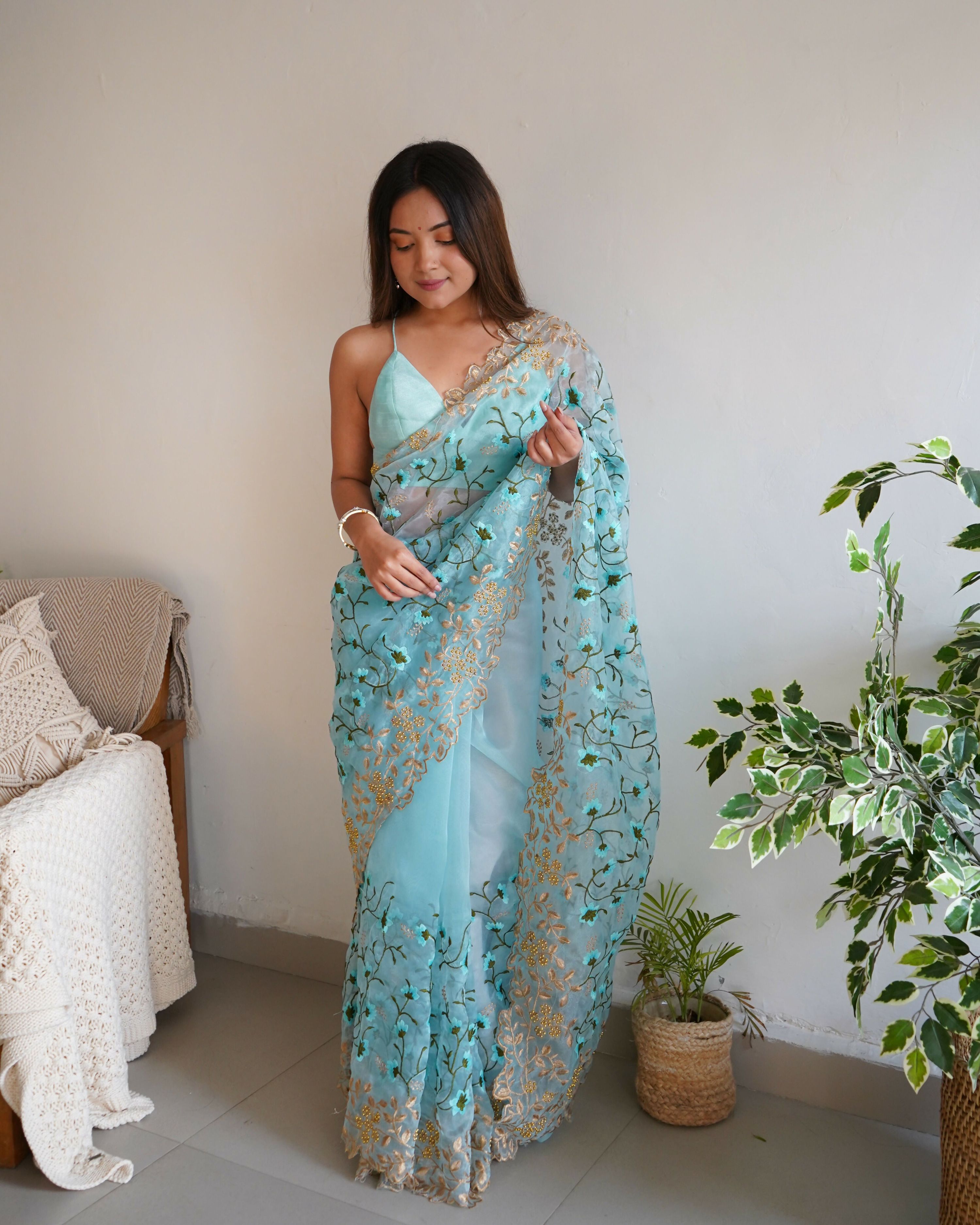 Vamsee Pushpa Sky Organza Saree