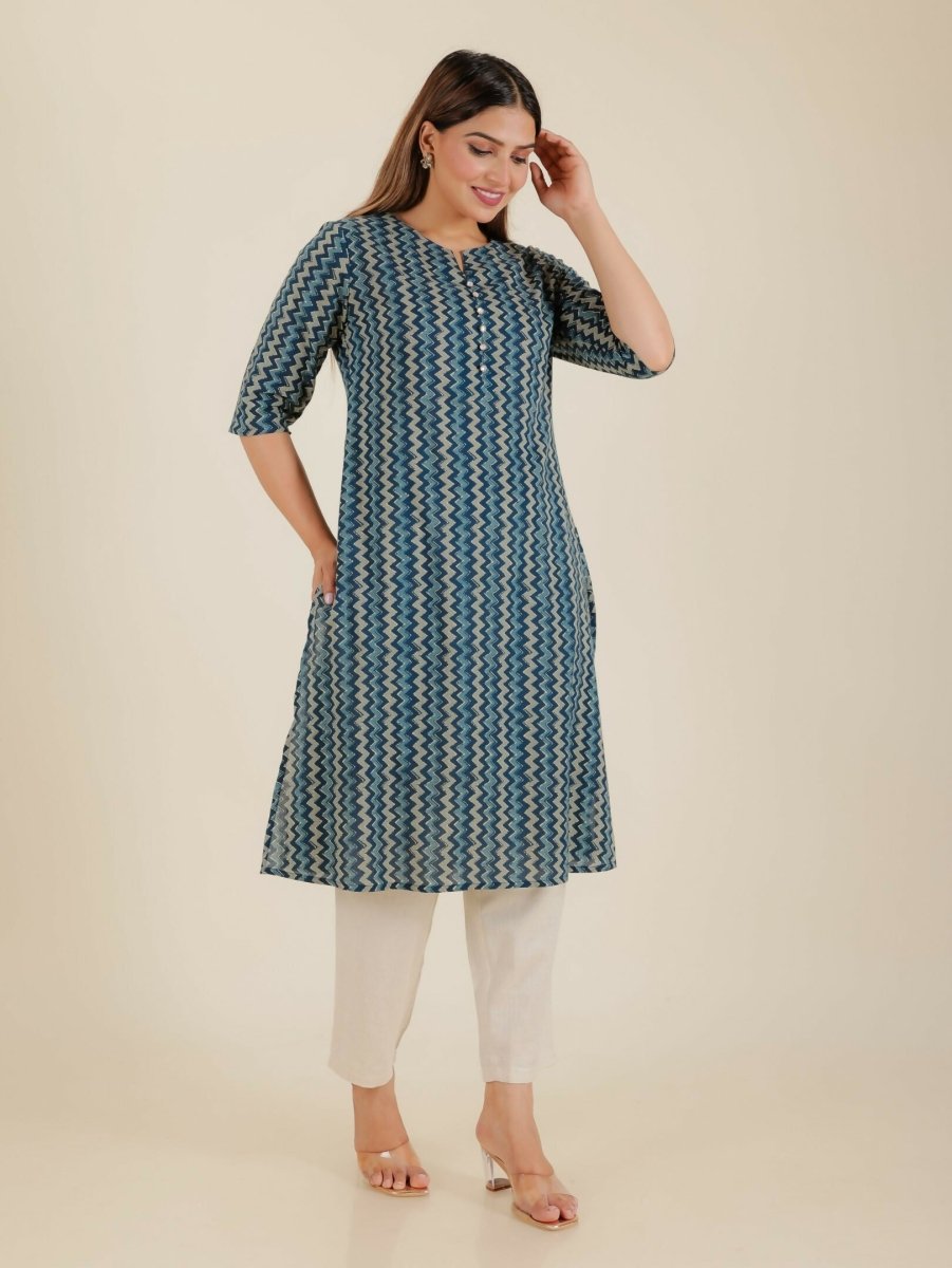 Aramya Blue Soft Cotton Chevron Print A-line Kurta Set for Women