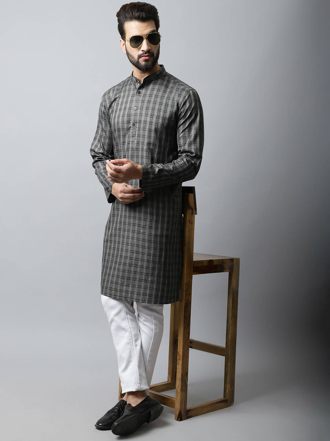 Even Apparels Brown Color Cotton Checked Men's Kurta With Band Collar (CHK1157)