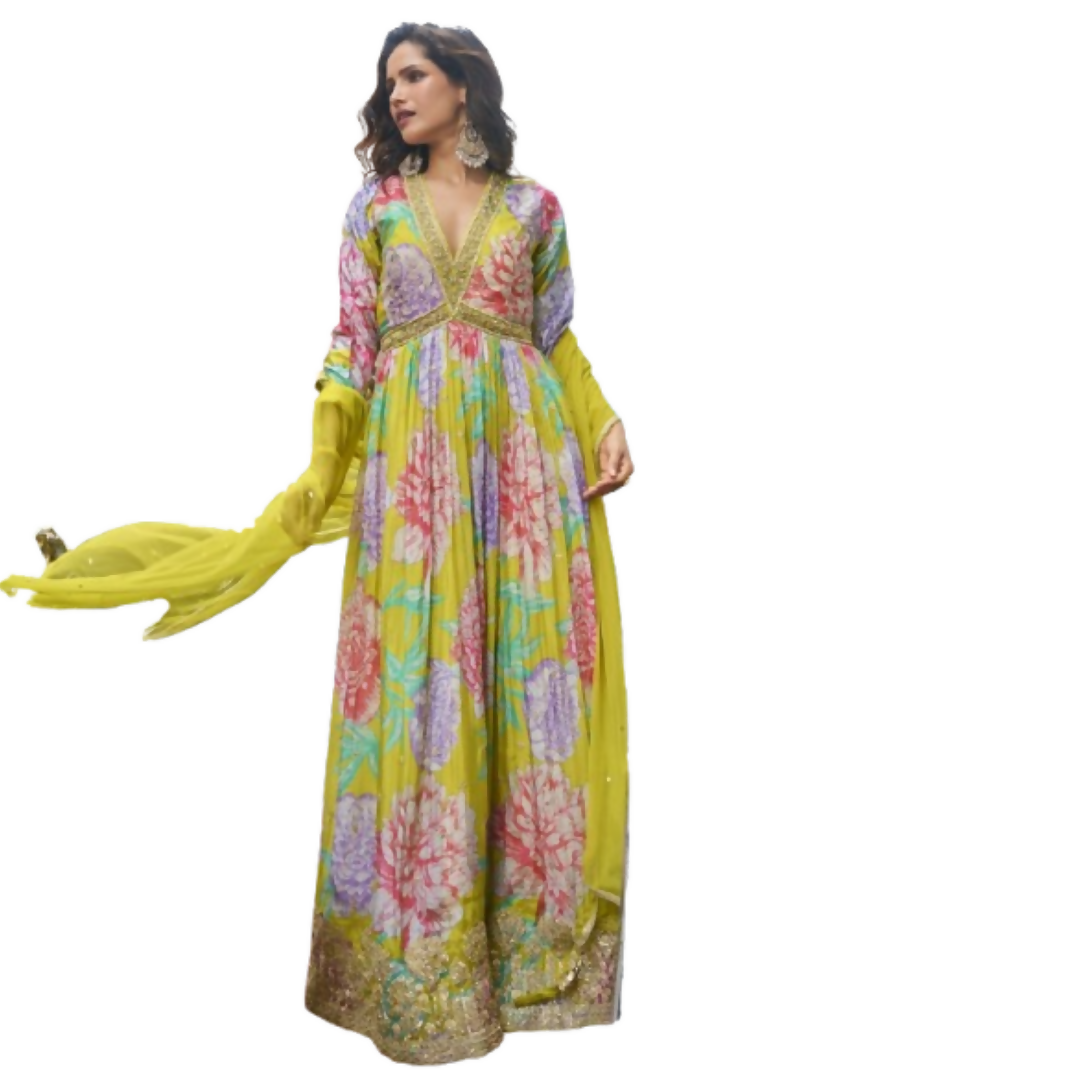 Vegaa Fashion Parrot Green Chinon Silk Embroidered Digital Print Festive Look Gown With Dupatta
