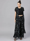 Ahalyaa Black Georgette Crepe Printed Top Palazzo Set With Jacket