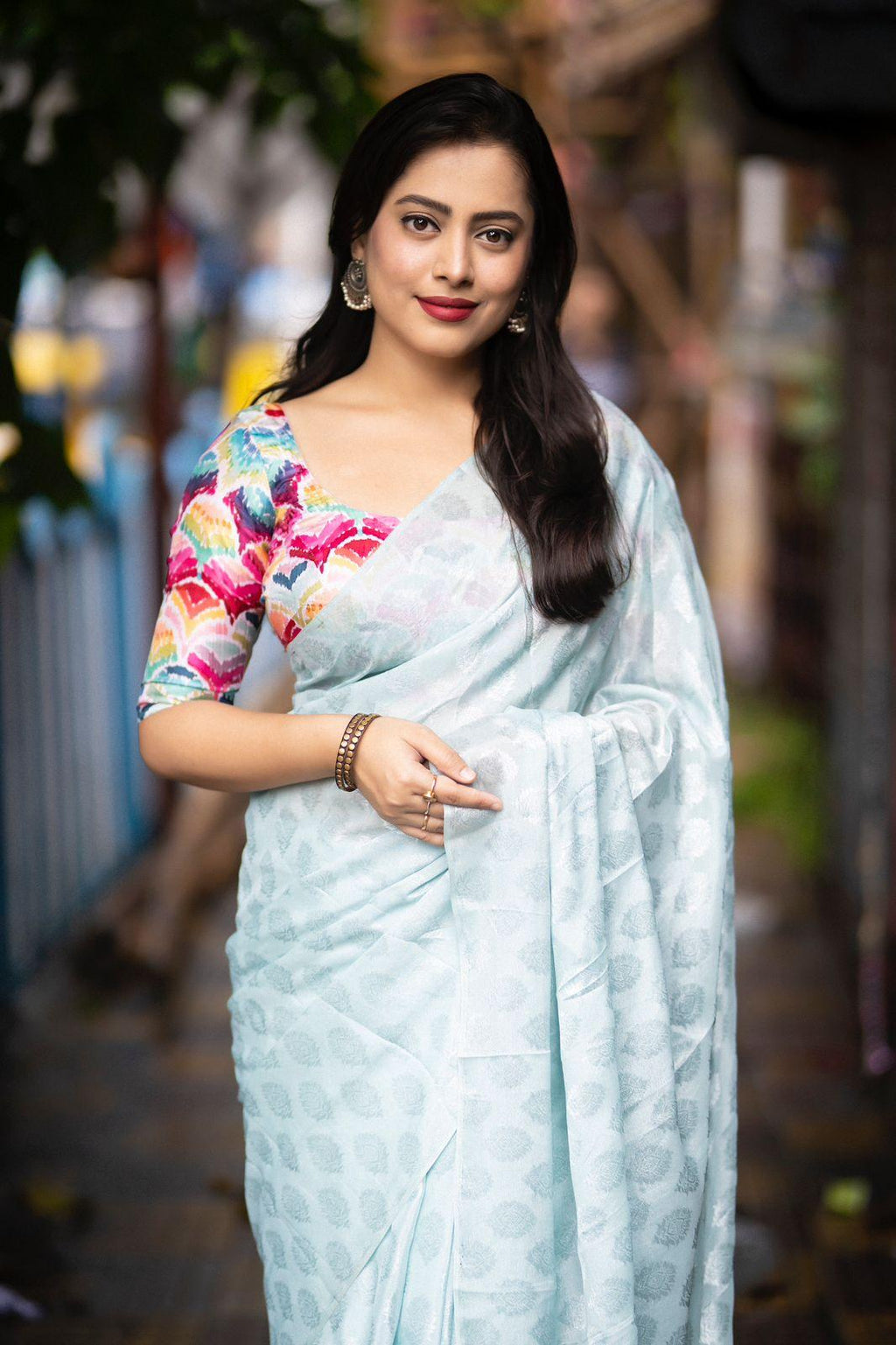 Blue Poly Crepe Ethnic Motifs Saree with Unstitched Blouse - Hiral Fashion