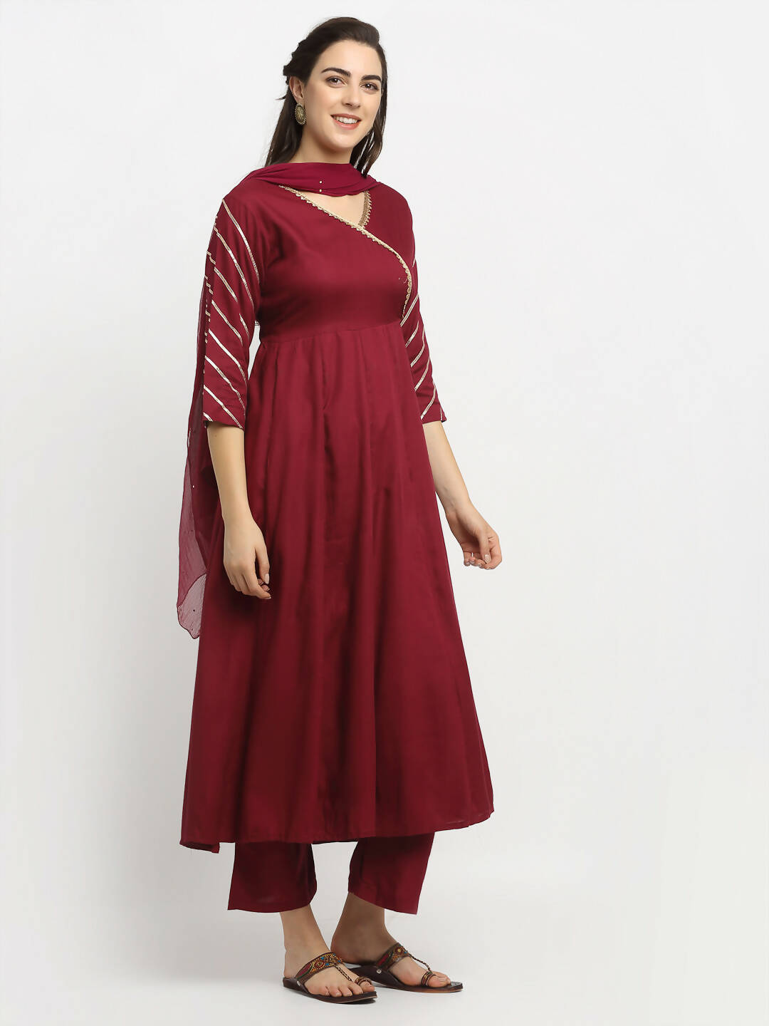 Rudra Bazaar Wine Angrakha Style Flared Anarkali Kurta with Pyjamas & Dupatta