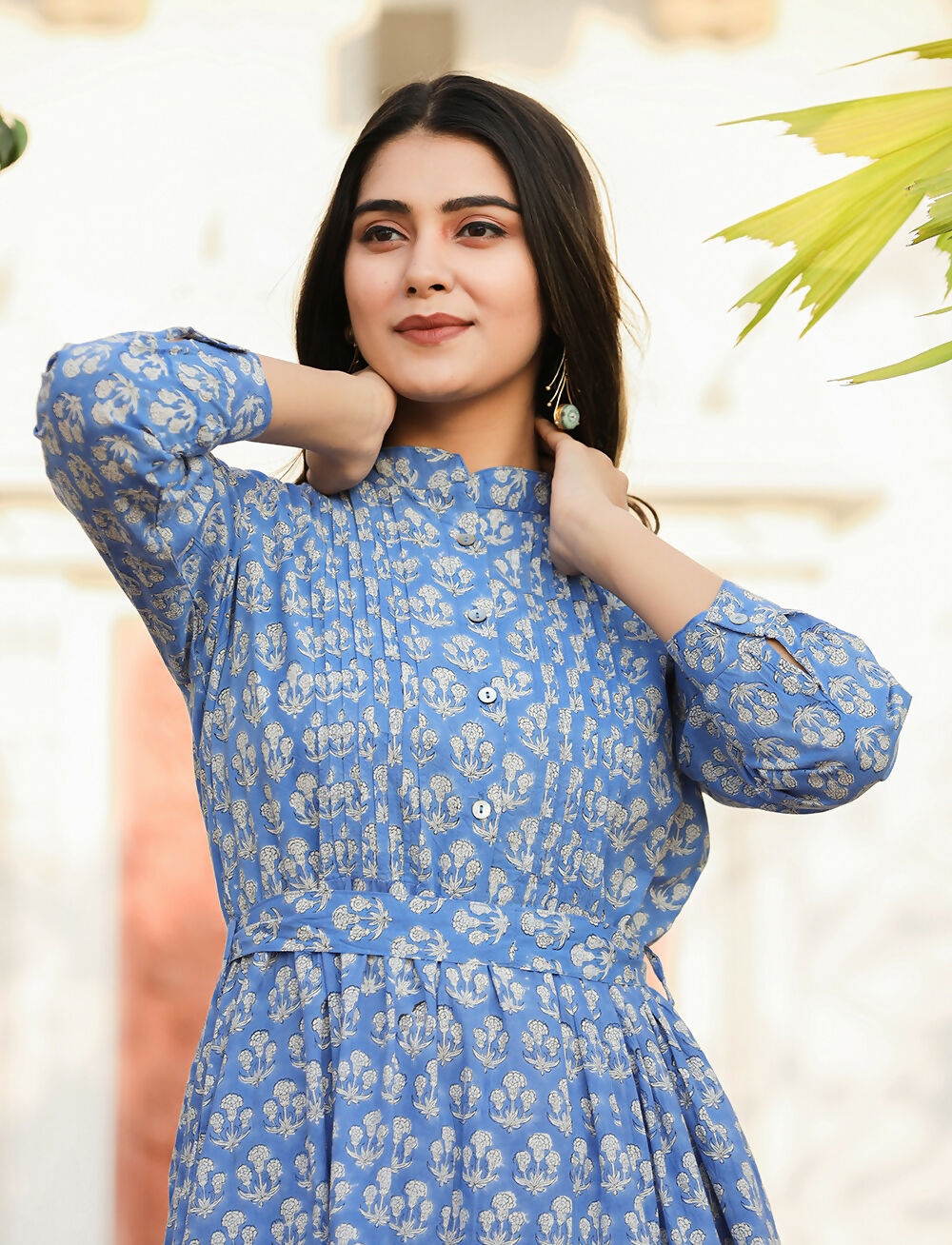 Kaajh Women's Blue Floral Handblock Print Cotton Dress