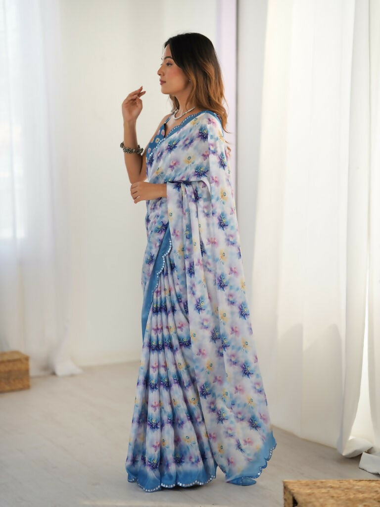 Blue Chinon Designer Digital Printed,Mirror Cut Work Saree - Elayna
