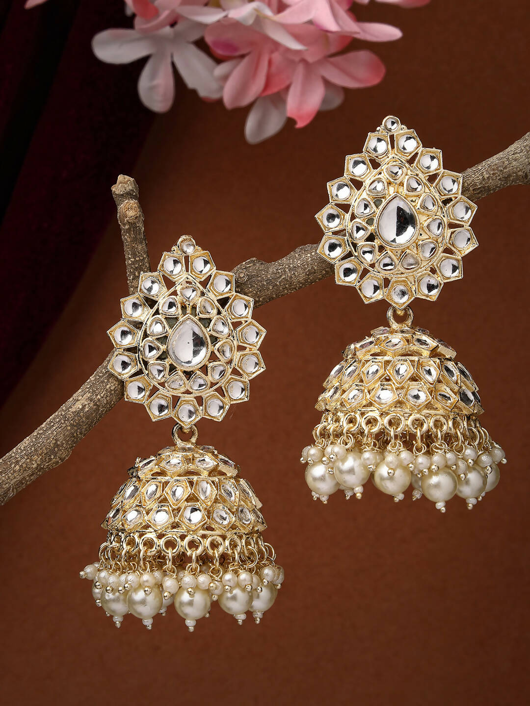 NVR Women Gold-Polished Handcrafted Kundan Jhumka Earrings
