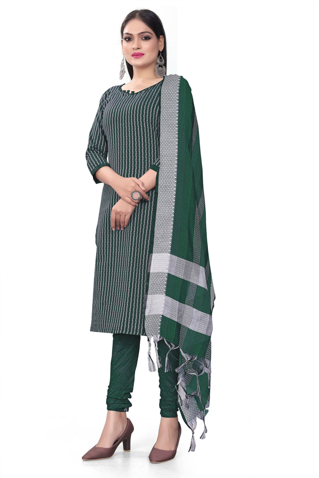 Green Cotton Jacquard Woven Unstitched Dress Material - Amara