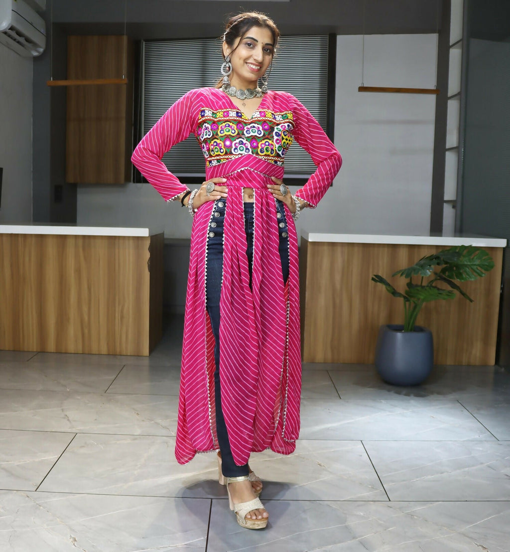 Vastranavya Pink Navratri Special Kutchi Work with Gota Patti & Mirror Work Kurti