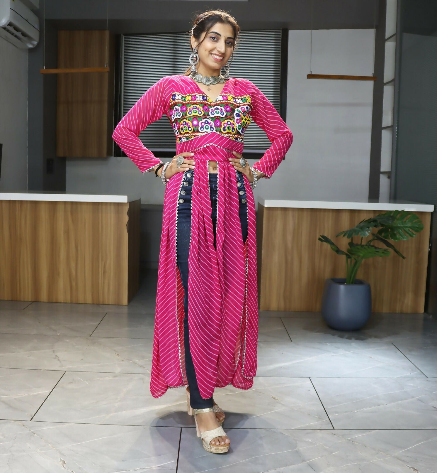 Vastranavya Pink Navratri Special Kutchi Work with Gota Patti & Mirror Work Kurti