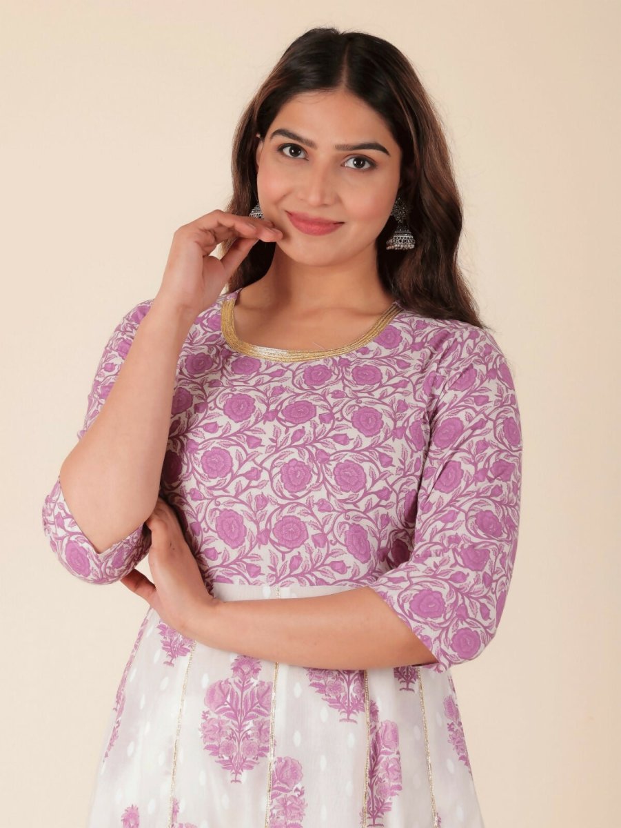 Aramya Anarkali Soft Cotton Floral Print Women's Kurta - White