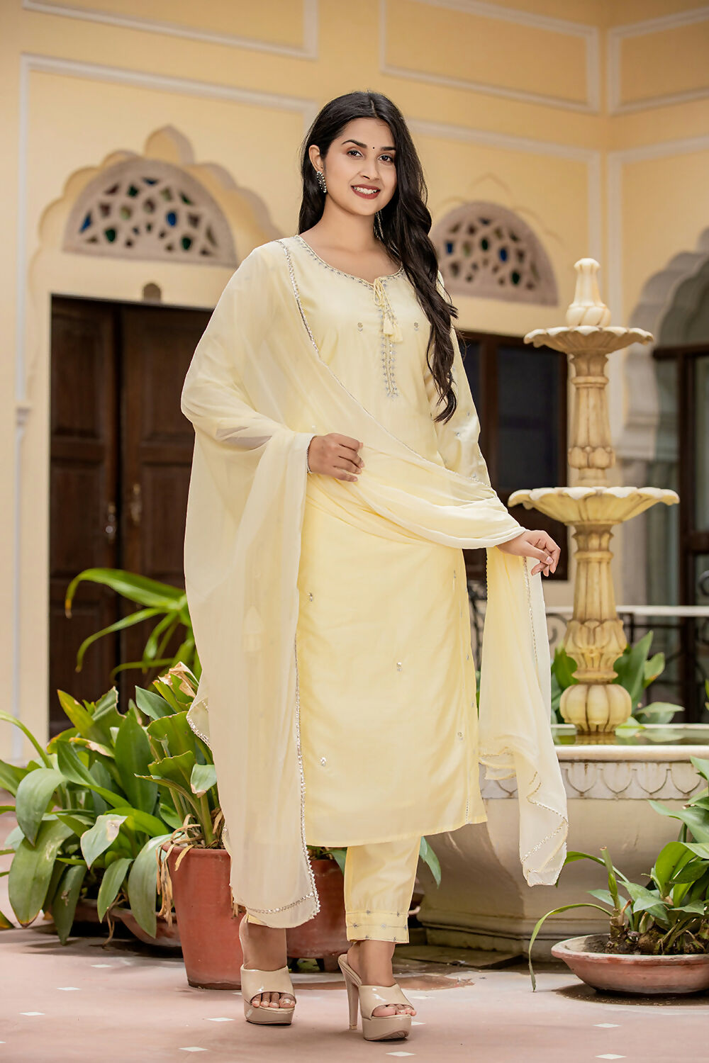 Kaajh Women's Light Yellow Modal Silk Kurta Pant Set With Dupatta