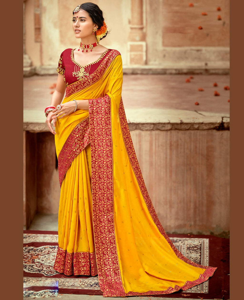 Mustard Vichitra Stone Work Saree With Unstitched Blouse Piece - Rosy