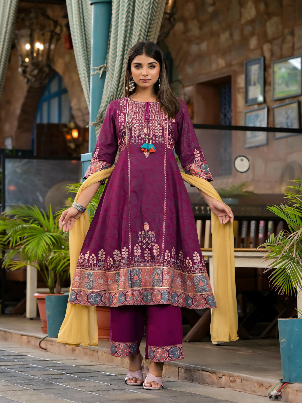 Juniper Women's Plum Floral Printed Liva Rayon Kurta Pant And Dupatta Set With Thread Work Gota Patti & Beads