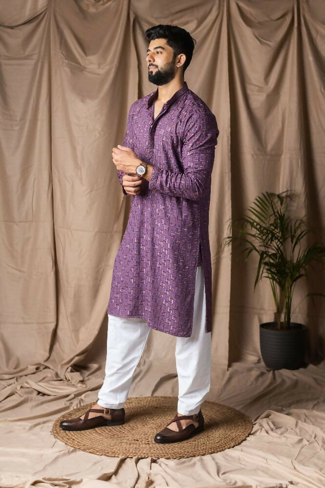 Purple Rayon Thread Embroidery Work Kurta Set - Mahotsav