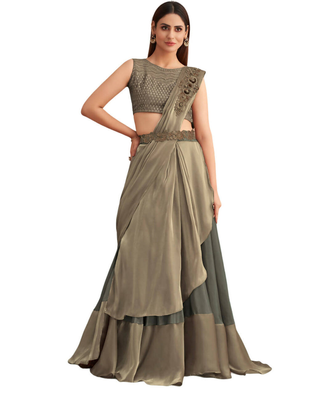 Green Satin Embroidered Ready To Wear Saree With Unstitched Blouse Piece - Nandika