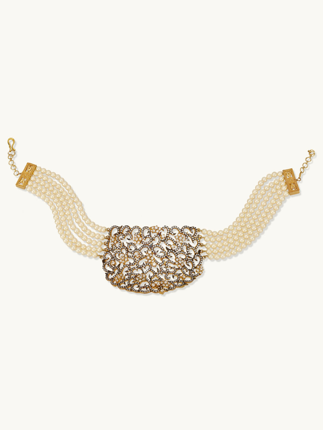 Nuyug 22K Gold-Plated Cubic Zirconia Studded & Pearl Beaded Necklace Set