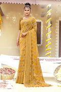 Beige Chiffon Printed Ivory Print and Zari work Saree with Unstitched Blouse Piece - Shanaya