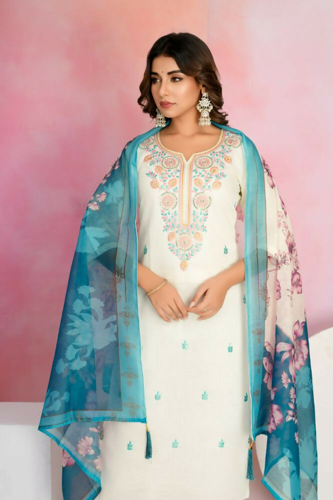 Ethnic Festive Wear Viscose Chanderi Off White Stitched Suit With Dupatta - Tanisha