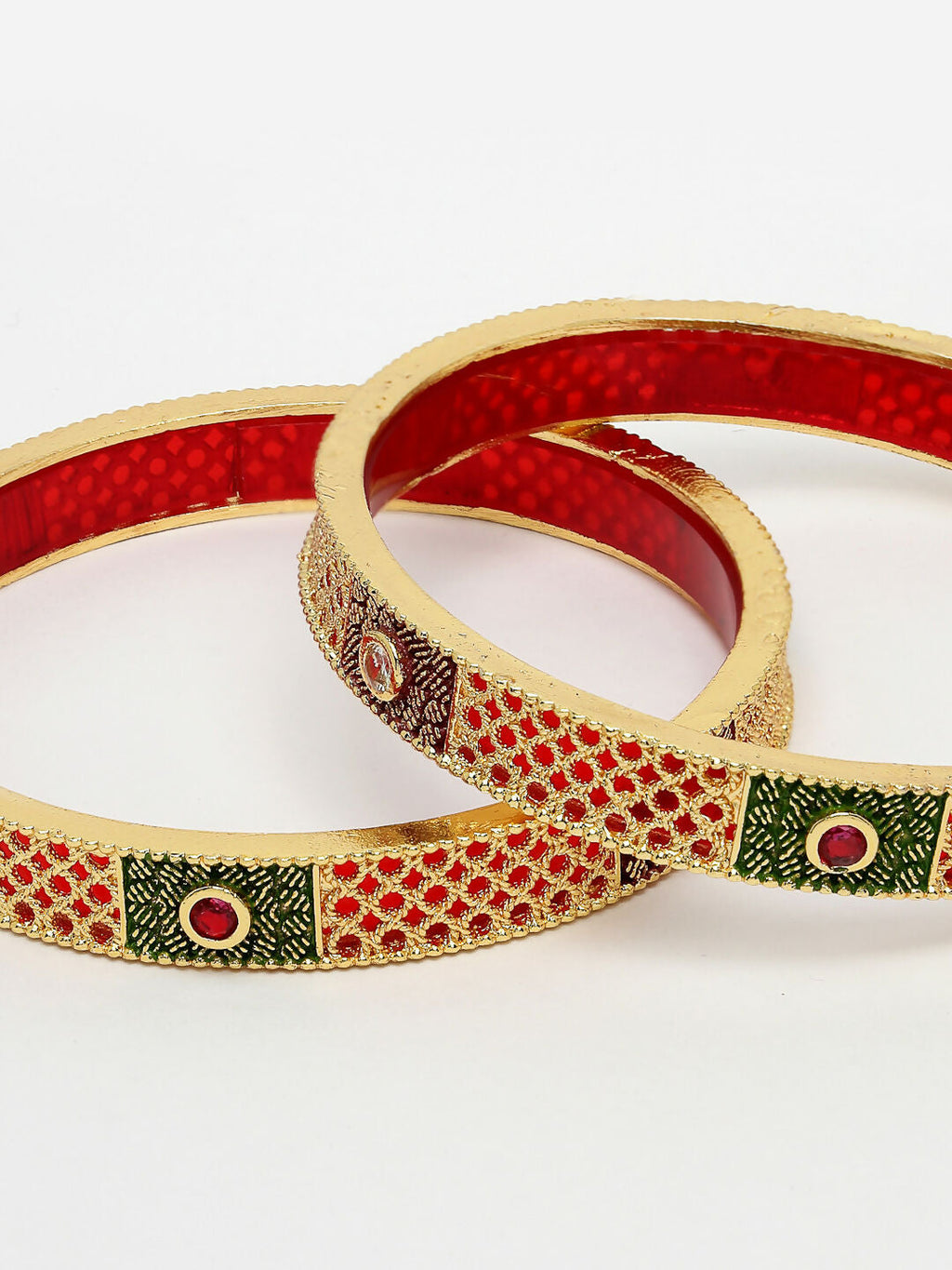 NVR Women's Set Of 2 Gold-Polished Red Kundan Traditional Bangles
