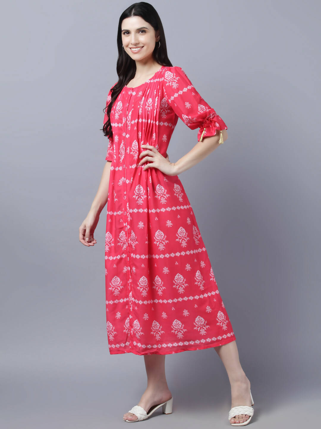 Myshka Women's Pink White Ethnic Motifs Printed Maxi Dress