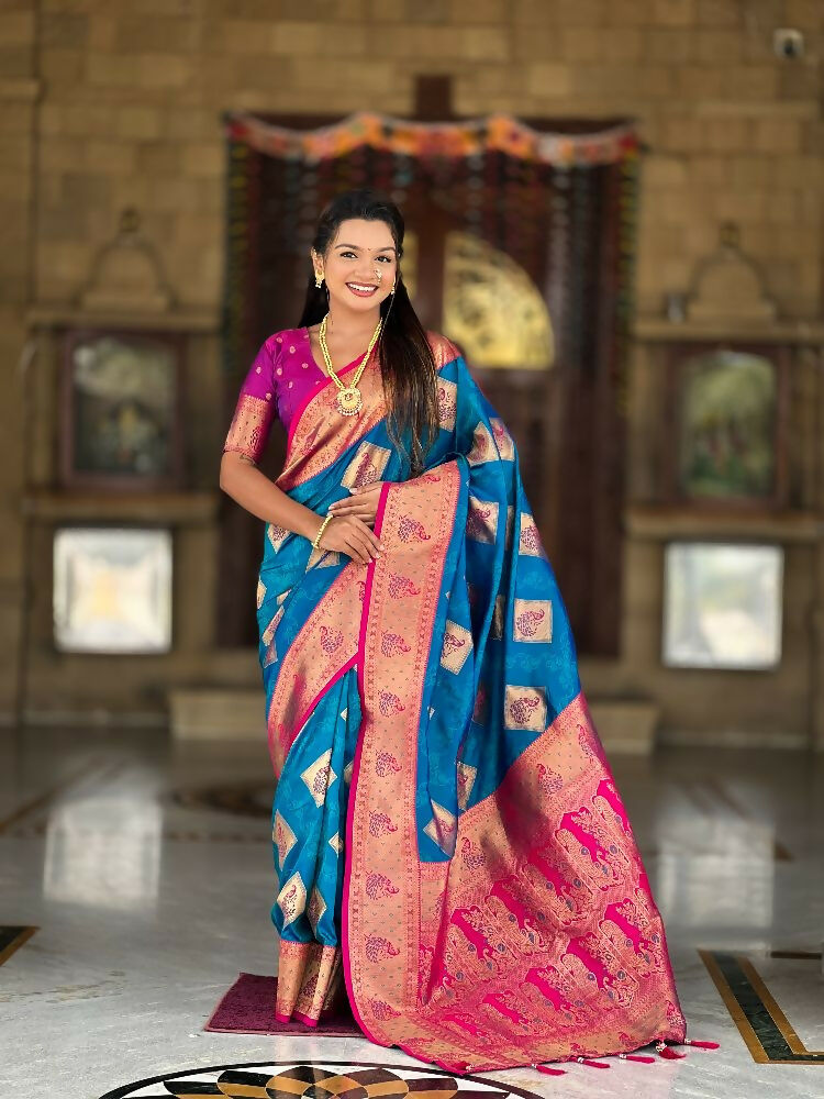 PR Fashion Firozi Soft Banarasi Silk With Zari Weaving Meenakari Design Saree