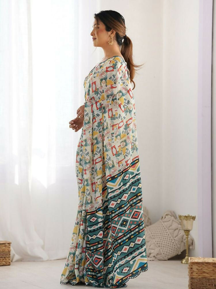 PR Fashion White Multi Georgette Digital Print With Mirror Work Saree