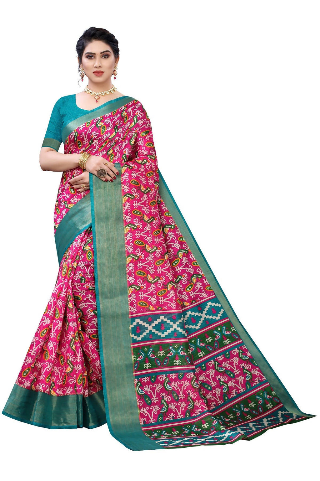 Vamika Pink & Green Linen Jari Border Saree (JANKI PINK)